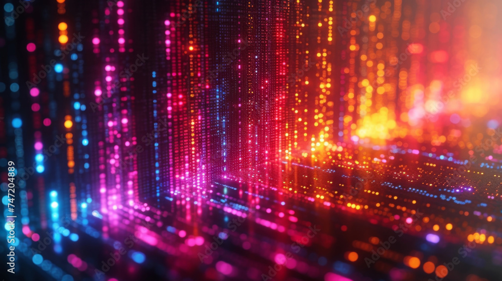 Poster closeup of a rainbow of digital codes forming a captivating and intricate texture.