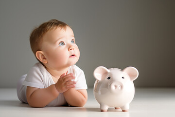 Thoughtful adorable infant baby  boy lying on the floor, looking up thoughtfully.  A piggy bank standing by. Concept of early pension planning
