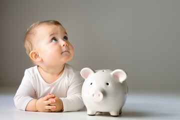 Thoughtful adorable infant baby  girl lying on the floor, looking up thoughtfully.  A piggy bank standing by. Concept of early investments planning