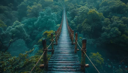 Foto op Plexiglas Long Wooden Bridge in Forest © hakule