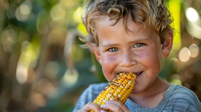 Portrait of a American boy eating grilled corn with a blurry corn field backdrop and a space for text or product, Generative AI.