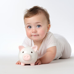 Infant 1 year old baby lying on the floor holding a piggy bank. The baby looks thoughtfully.. Thoughts of future pension