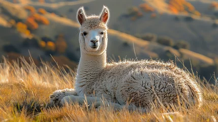 Papier Peint photo Lama wildlife photography, authentic photo of a alpaca in natural habitat, taken with telephoto lenses, for relaxing animal wallpaper and more