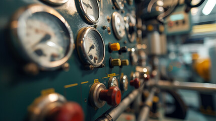 A control panel with various buttons and s used to regulate the pressure and output of the compressor. - obrazy, fototapety, plakaty
