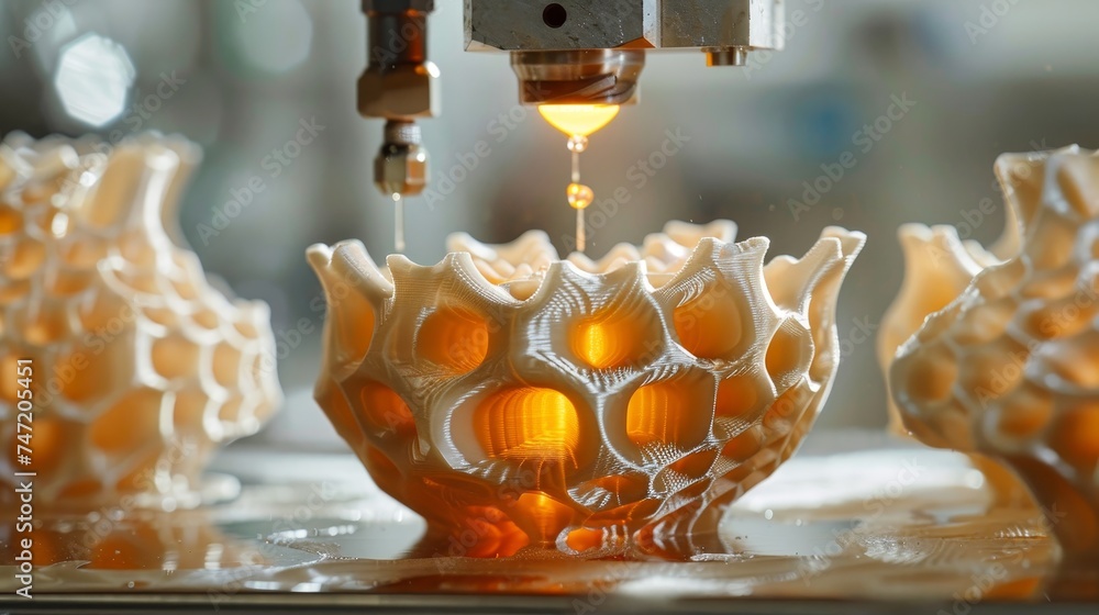 Poster the 3d printing process in action, with a precise nozzle extruding molten material to create intrica