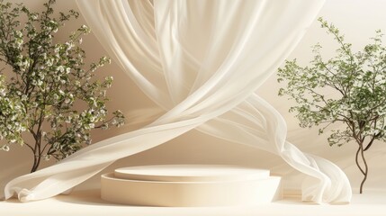 Beige textile elegantly draped on a round display podium against a warm beige background