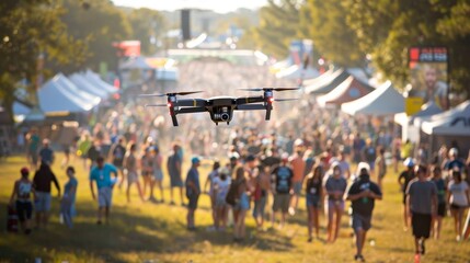 Obraz premium A quadcopter drone flies over an energetic crowd at a music festival, capturing the lively and communal spirit of the event.