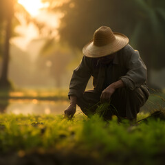 The Sun's Embrace: A Day in the Life of an Asian Farmer in Lush Rice Fields