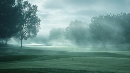 Early morning light filters through the trees onto a serene, mist-covered golf course, creating a peaceful atmosphere.