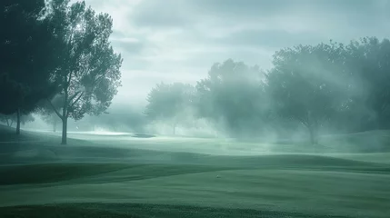 Poster Early morning light filters through the trees onto a serene, mist-covered golf course, creating a peaceful atmosphere. © Sodapeaw
