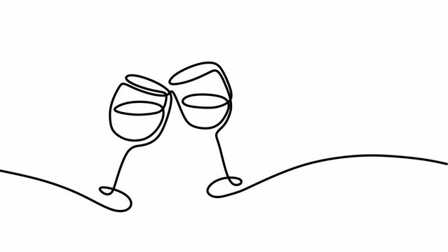 Animate Continuous one line drawing of two glasses of red wine. Minimalist linear concept of celebrate and cheering. Line art animation. 