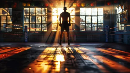 Fotobehang The silhouette of a boxer stands poised in the ring, with the golden light of sunset streaming through the gym windows. © Sodapeaw