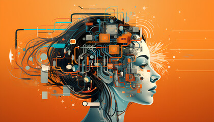 Mechanical system of brain in the robot humanoid is powered by artificial intelligence processing system business,A woman's head with a lot of icons on it Generative AI  - obrazy, fototapety, plakaty