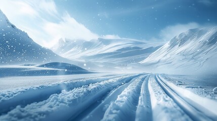 Fresh snowflake-filled air over a snowy road leading through a pristine mountainous landscape on a bright day.