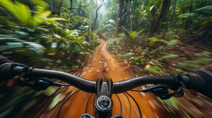 First-person view of a mountain biker navigating a muddy trail in a lush rainforest, evoking a sense of adventure and exploration. - obrazy, fototapety, plakaty