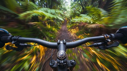 Experience the thrill of rapid mountain biking through a dense, verdant forest trail, captured from the rider's point of view. - obrazy, fototapety, plakaty