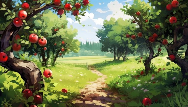 beautiful nature landscape, fruit garden watercolor painting illustration