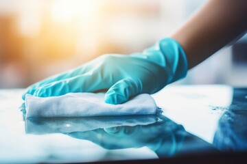 Close up unrecognizable person cleaner hand protection rubber glove wiping shiny surface window antibacterial duster cloth. General house cleaning service apartment household Corona Virus disinfection