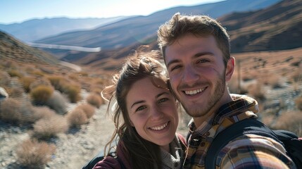 Cute happy young couple taking selfie on mountain