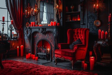 Red Velvet Chair with Candles and Books A Cozy Reading Nook for Valentine's Day Generative AI