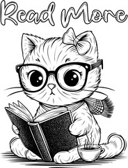 Black and White Cartoon Illustration of Cute Cat Reading a Book - 747206494