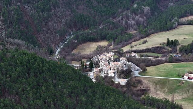 Panoramic drone view of the village of Collongues in the Chanan valley