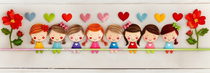 Lovely colorful illustration, fun card element celebrating women's international day, friendship or a happy birthday, with adorable vibrant colored hearts and flowers, lovely smiling girls silhouettes - obrazy, fototapety, plakaty