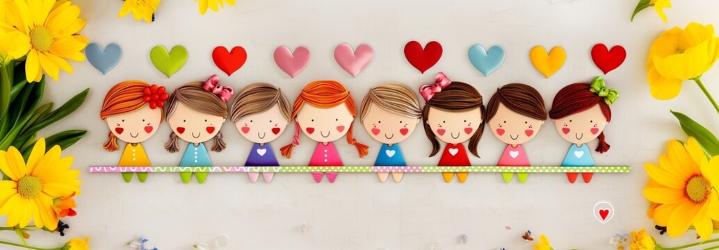 Series of cute colorful dolls, hearts and flowers, lovely card decoration to celebrate international women's day, stylized cartoon characters collage crafts art painting, fabric, cardboard or papercut