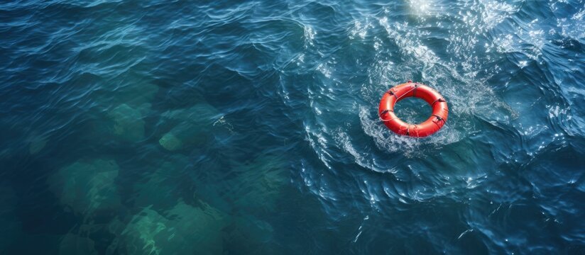 A red and white life preserver is seen floating in the vast expanse of the ocean, bobbing up and down with the waves.