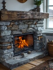 Stone Fireplace With a Roaring Fire