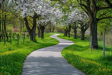 Paved Road Surrounded by Trees and Flowers