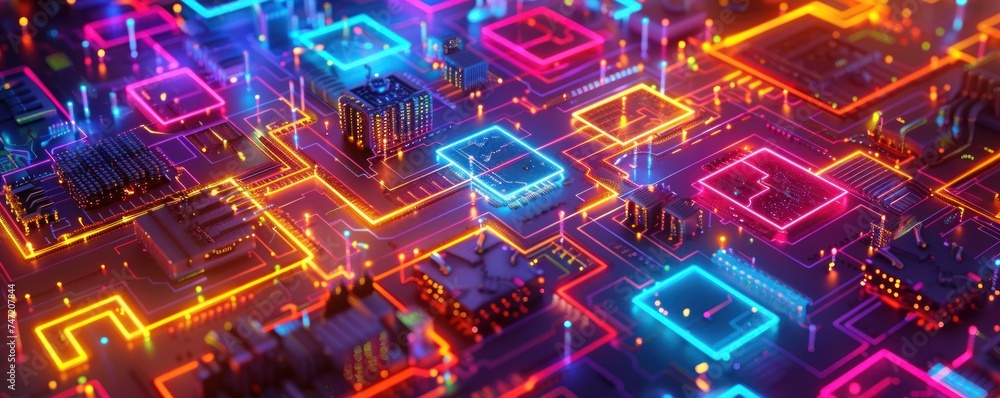 Poster aerial view of neon circuits, interlocking in a mesmerizing pattern, the heartbeat of a digital worl