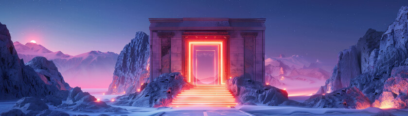 An ancient temple, its architecture a blend of ethereal mountain stone and modern neon craftsmanship