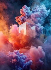 Artistic rendering of a cube floating amidst abstract, colorful smoke clouds