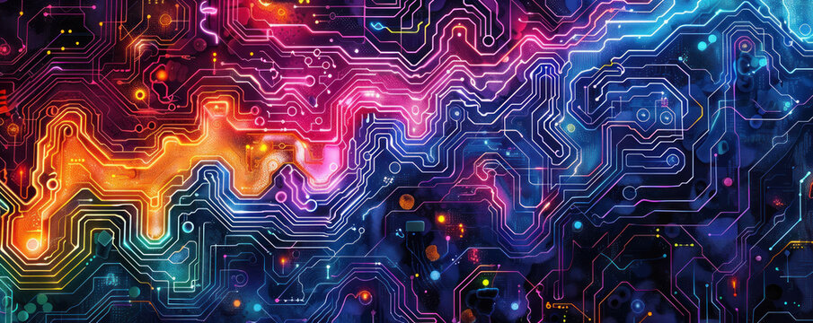 Aerial view of neon circuits, interlocking in a mesmerizing pattern, the heartbeat of a digital world