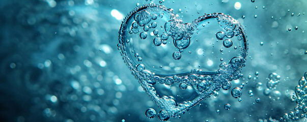 Heart from water splash with bubbles in clean fresh blue water. Save the water, World Water Day. Environment and ecology concept