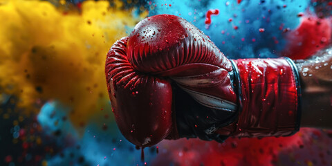 Focus on boxer's gloves, clashing with color splash, ready for the fight - obrazy, fototapety, plakaty