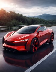 A striking red electric coupe boasts its high-performance capabilities on a misty mountain road, its fiery color contrasting with the serene environment. The vehicle encapsulates the thrill of driving