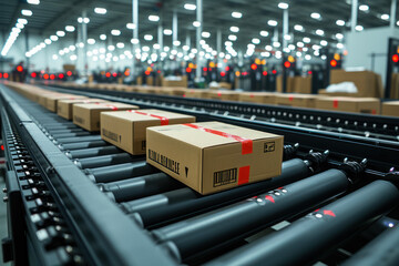 Parcels on a conveyor belt system in a large distribution center, showcasing efficiency in modern logistics and shipping.