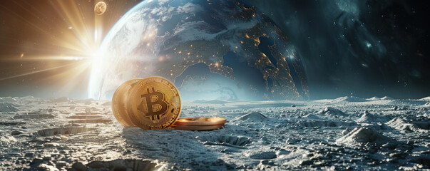 Panoramic view of Bitcoins scattered on moon, Earthrise illuminating - obrazy, fototapety, plakaty