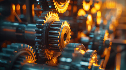 Sunset hues casting over engine gears, end of a day in the factory - obrazy, fototapety, plakaty