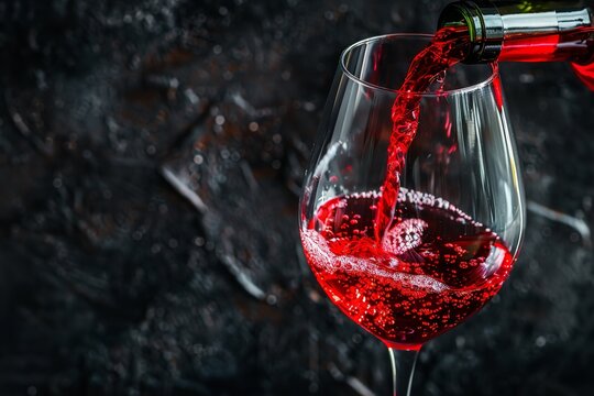 Red wine being poured into a glass mug over a black setting and space, Generative AI.
