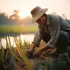 The Sun's Embrace: A Day in the Life of an Asian Farmer in Lush Rice Fields - obrazy, fototapety, plakaty
