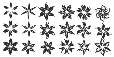 set of 16 flowers silhouettes, black and white isolated