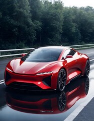 A sleek red sports car is displayed in stunning clarity, its reflection mirroring on the wet highway. The vehicle embodies speed and luxury, captured in a moment of stillness.