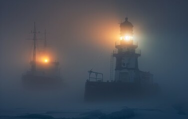 Lighthouse Piercing Fog With Ship