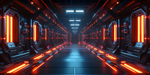 Futuristic architecture scifi corridor interior in space station with earth planet view, A dark room with neon lights and a black floor.
 - obrazy, fototapety, plakaty