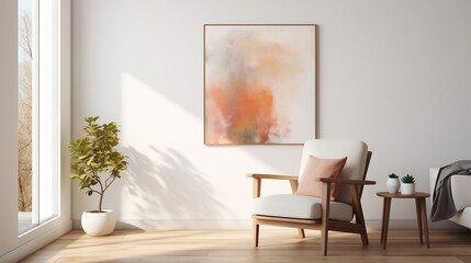 Minimalist Living Room Interior with Abstract Orange Painting and Modern Armchair by Sunlit Window