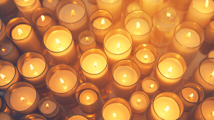 Overhead top view on burning candles in glass jars. Warm candlelight vigil, memorial, spiritual, mystical atmosphere