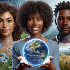 An African-American woman holds a projection of the Earth in a group of two other people on a futuristic background with elements of nature. The impact of artificial intelligence and technology